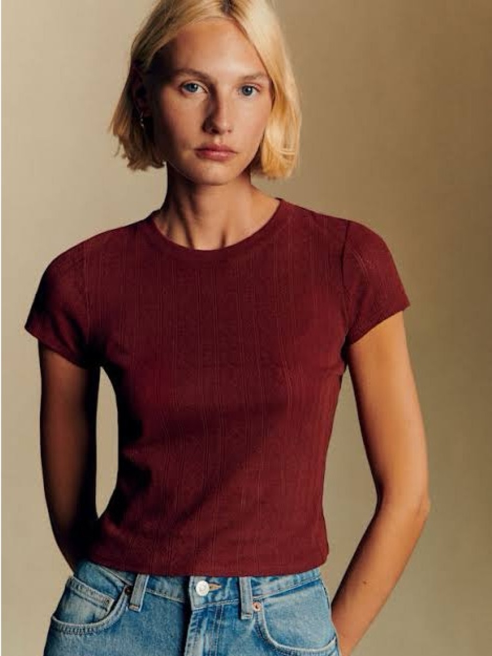 NWT Sézane Camil T-Shirt in Burgundy Pointelle Size M